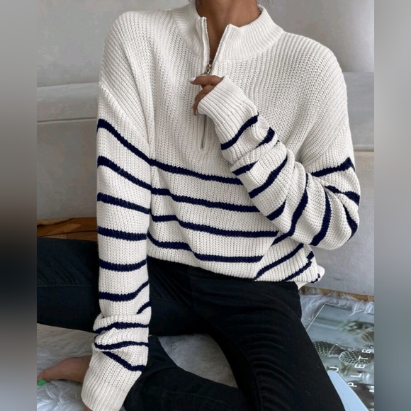Sweaters - NEW Chic Zip Striped Oversized Knit Pullover Sweater Top White Black